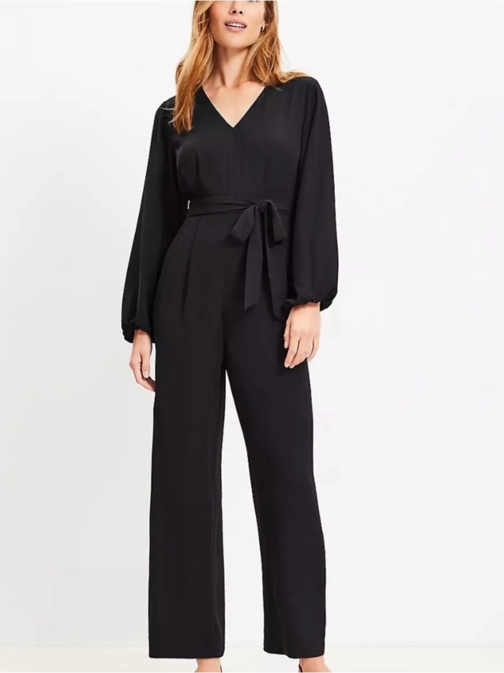 LOFT Black V-Neck Long-Sleeve Tie-Waist Jumpsuit